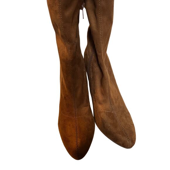 Size 9 Brown Faux Suede Pull On MidCalf Pointed Toe Block Heel Bootie Fall Boot - Picture 4 of 9